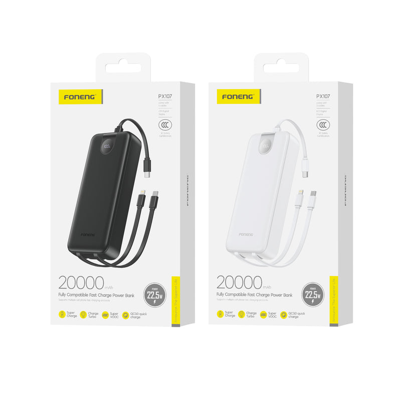 PX107 (22.5W) 20000mAh Power Bank with 3 Built-in Cables Black