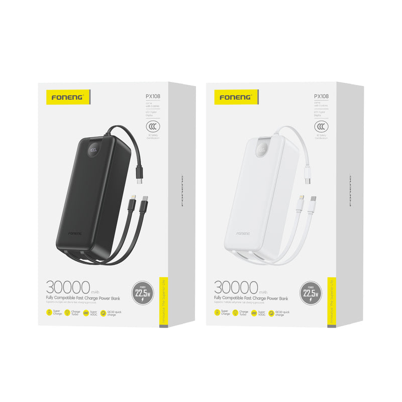 PX108 (22.5W) 30000mAh Power Bank with 3 Built-in Cables White
