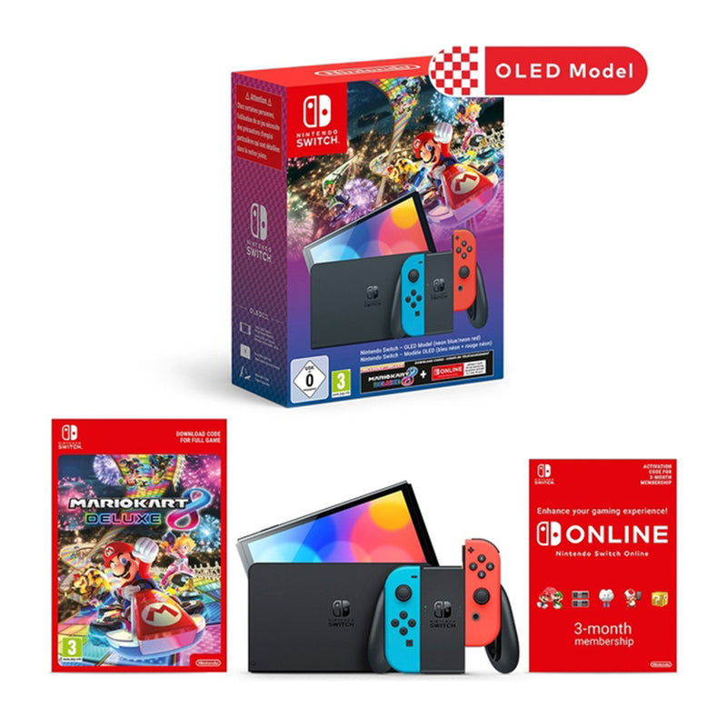 Switch OLED Bundle | Mario Kart 8 Deluxe Digital Copy + 3 Month Switch Online Subscription + Case & Tempered Glass